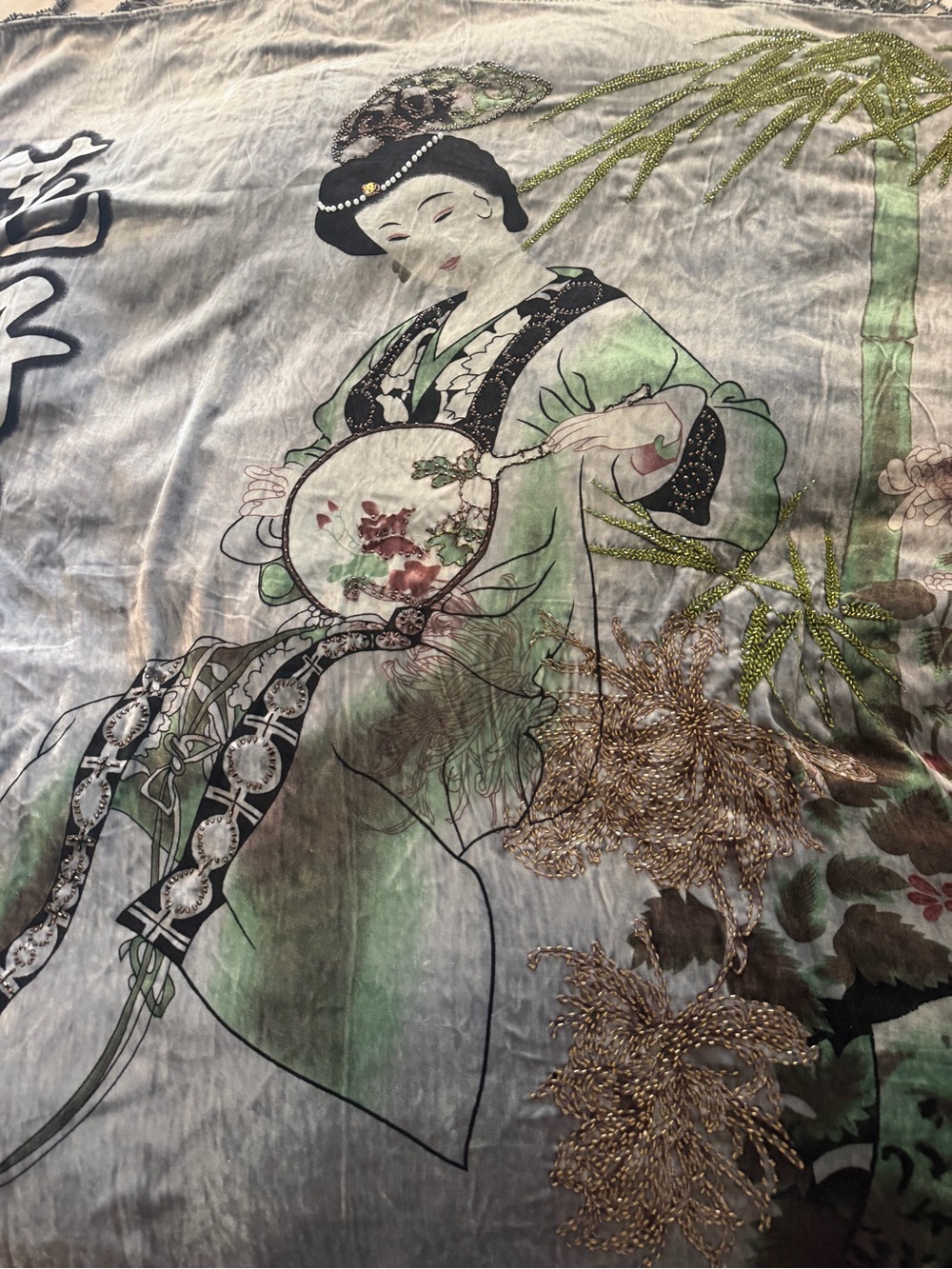 Beautiful Velvet Beadwork Asian-Inspired Green and Gray Decorative Tapestry